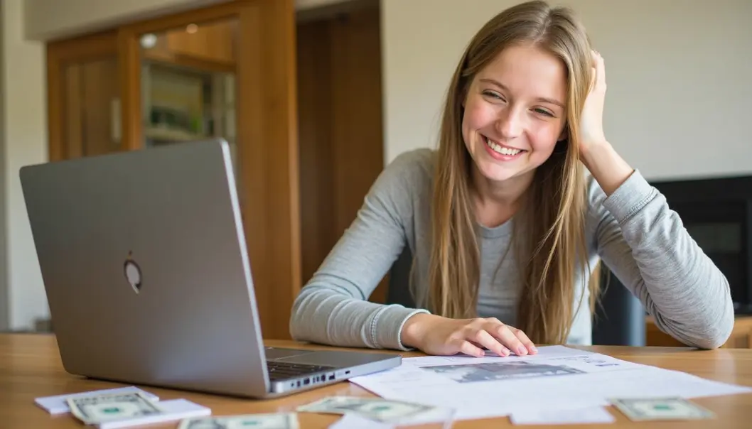 A young adult celebrating an improved credit score while reviewing financial documents on a laptop.