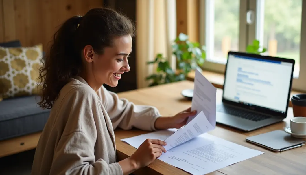 A freelancer smiling while looking at a laptop showing successful insurance savings graphs in a home office environment.