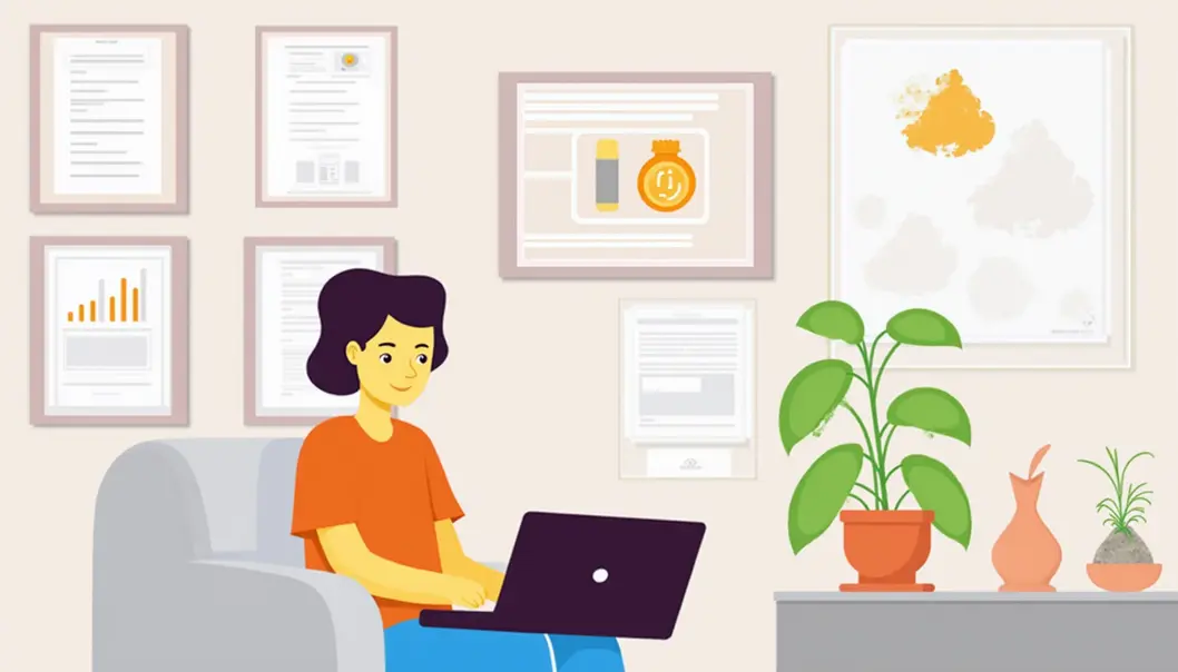 A retiree sitting at a desk with a laptop and insurance notes, reflecting on freelance career decisions.