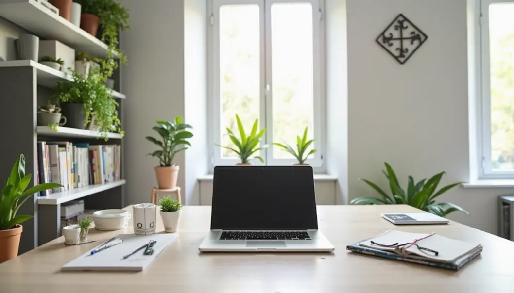 A bright cozy home office with personal touches, showcasing an inviting workspace.