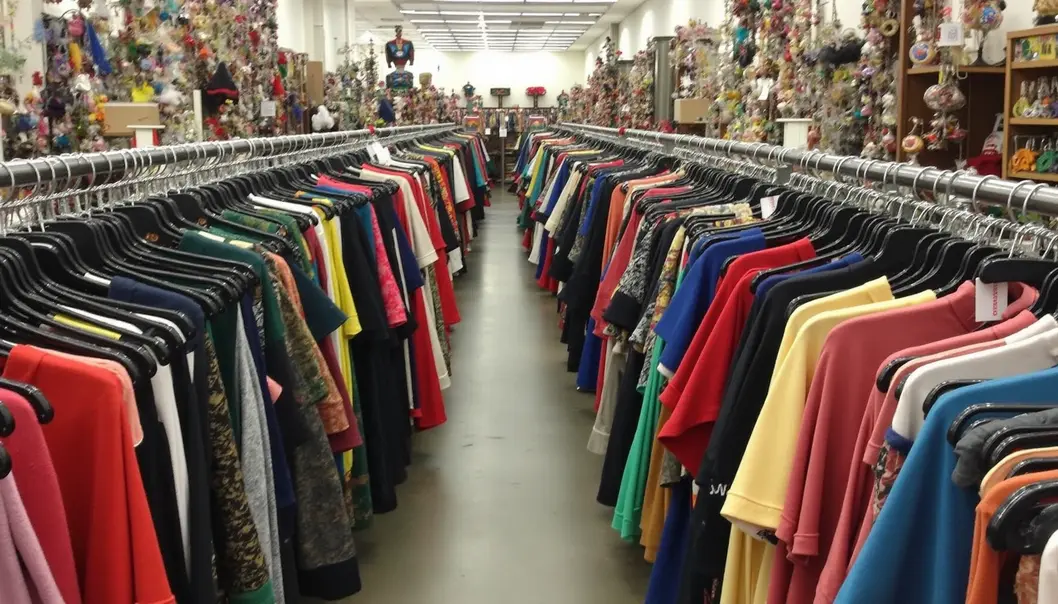 The interior of a cozy thrift store showcasing a selection of clothing, furniture, and books.